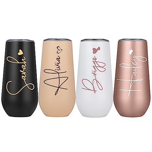 Mostop Personalized Champagne Flutes Wine Tumbler, 6 Oz Insulated Stainless Steel Wine Glass, Reusable Stemless Tumbler for Bridesmaid, Engagement, Wedding Birthday Gift