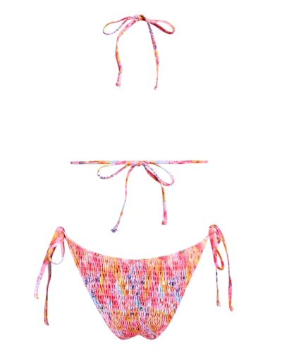 Image of Women's Triangle Bikini Set String Swimsuit Print Tie Smocked Ruched Two Piece Bathing Suit