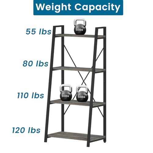BON AUGURE Ladder Bookshelf, 4 Tier Ladder Shelf Bookcase, Wood Leaning Book Shelves for Living Room, Bedroom, Home Office Shelving Unit (Dark Grey Oak)