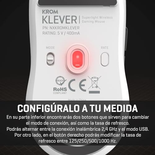 Klever, Mouse Gaming Wireless Superleggero 55 g, Sensore Ottico Pixart PMW3325 fino a 10.000 DPI, 6 Pulsanti, Polling Rate 1000Hz, Connessione Wireless 2,4GHz e USB-C, PC, Mac, PS4, PS5, Bianco. - Mouse gaming - Immagine 7