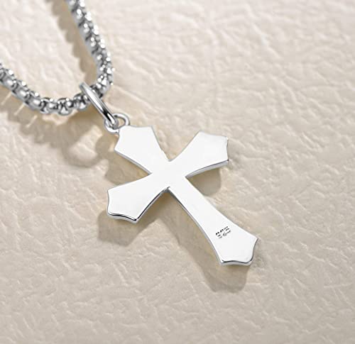 Fancime White Gold Plated 925 Sterling Silver Edgy Gothic Cross Pendant Necklace With Steel Box Long Chain Christmas Gifts For Him Men, Women 23.6-Inch #TOP3