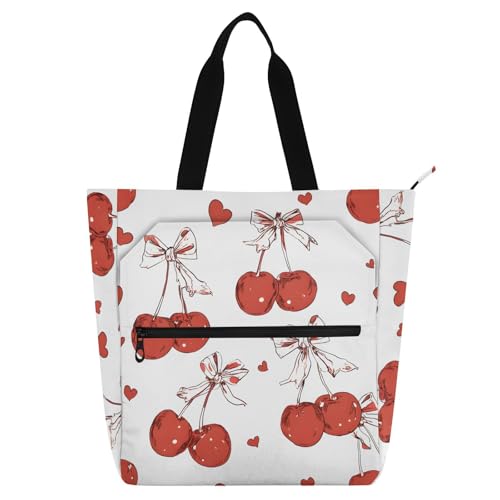 Red Cherry Bows Tote Bag for Book Lovers Reusable Bags with Zipper Pocket for School Work Shopping