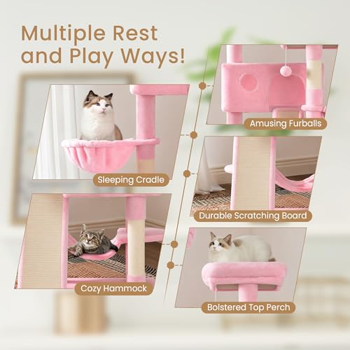 Image of SHA CERLIN 65in Larger Cat Tree Tower Condo for Indoor Kitties /Multi-Level Furniture Activity Center with Wide Base /Cozy Plush Cat Perches /Baskets /Sisal Scratching Posts and Hammock /Pink