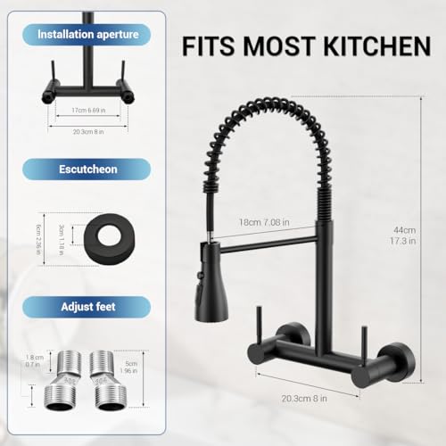 Image of Wall Mount Kitchen Faucet with Pull Down Sprayer 3 Functions, 304 Stainless Steel Wall Mount Faucet 8 Inch Center, 2 Handle Kitchen Sink Faucet High Arc 360 Swivel, Matte Black