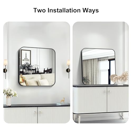 Image of KOCUUY Square Bathroom Mirror, 24 inchx24 inch Black Rectangle Vanity Mirror, Black Metal Frame Mirror with Rounded Corner for Bathroom, Bedroom, Living Room, Entryway