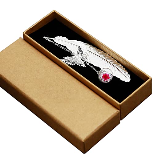 MIRFURT Marque-page en métal avec plume en 3D - Papillon - Perles de verre - Pendentif en forme de fleur séchée éternelle - Pour les amateurs de livres, les lecteurs de bibliothèque Cover