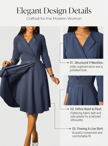 Image of Elainone Women 3 /4 Sleeve Casual Swing Flared A Line Dress Wedding Guest Semi Formal Office Work Dresses with Belt