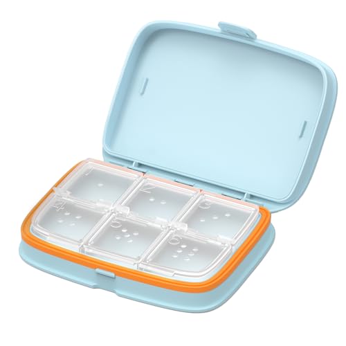ピルケース 携帯用 サプリメントケース 薬ケース 1週間分 防湿 防水 密封 仕切り 小物収納 薄型 軽量 持ち運び サプリケース ミニ薬ケース 錠剤ケース 可愛い6区画角型(ブルー)