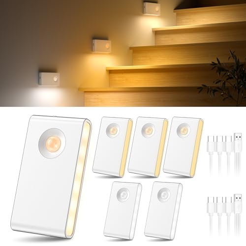 daphomeu 6 piezas Luz led con Sensor de Movimiento, 3 Colores e Iluminación de Regulable, Luces de Escalera Recargables Tipo C, Luz Nocturna Magnéticas para Armario, Baño, Pasillo
