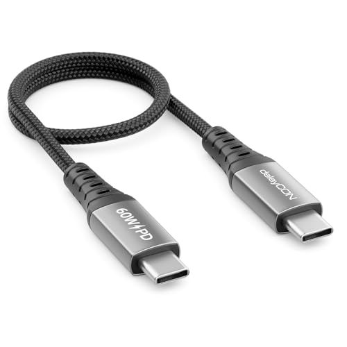 deleyCON Cable USB C 0,30m PD 3.0 PPS (Carga Rápida 60 W) Cable de Carga USB-C a USB-C Corto 30 cm para iPhone 17 16 15 Pro Max Air Galaxy S25 S24 S23 Pixel iPad Pro MacBook AirPods Tablet Switch PS5