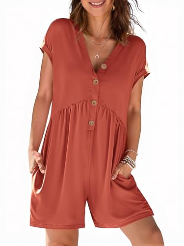 MEROKEETY Women's Summer Cap Sleeve Jumpsuits 2025 Casual V Neck Button Short Romper with Pockets, Rust, Small