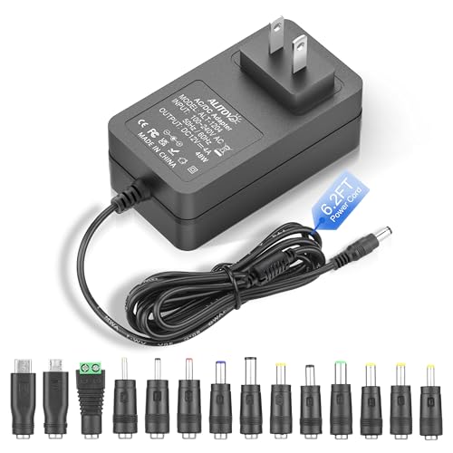 ALITOVE 12V Power Supply 4A 6.2FT AC/DC Adapter 100~240V 50-60hz to 12 Volt Transformer 4 Amp 3A 2.5A with 14 Tips for LED Light CCTV Security Camera Router Sceptre Monitor Power Cord