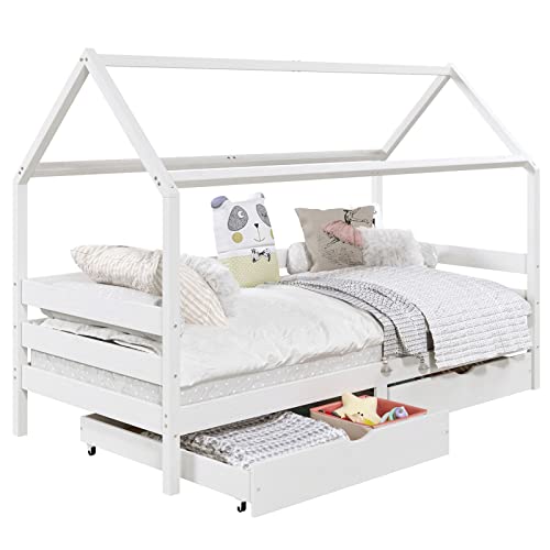 IDIMEX Lit cabane CLIA lit Simple pour Enfant 90 x 190 cm avec Rangement 2 tiroirs et barrières de Protection sur 3 côtés, en pin Massif lasuré Blanc