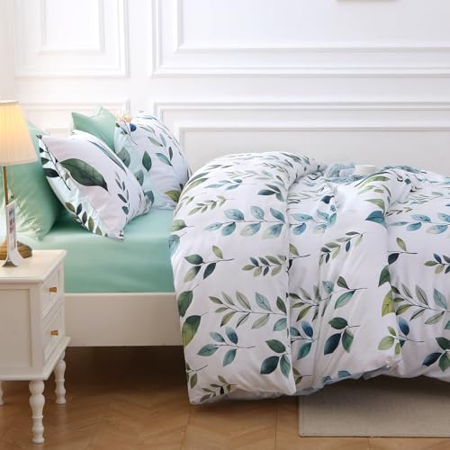 Image of MUXHOMO Grey Green Foliage Full Comforter Set, Elegant Floral Print Bed in a Bag 7 Pieces, Soft & Breathable Reversible Botanical Pattern Bedding Set with Comforter, Sheets, Pillowcases, and Shams
