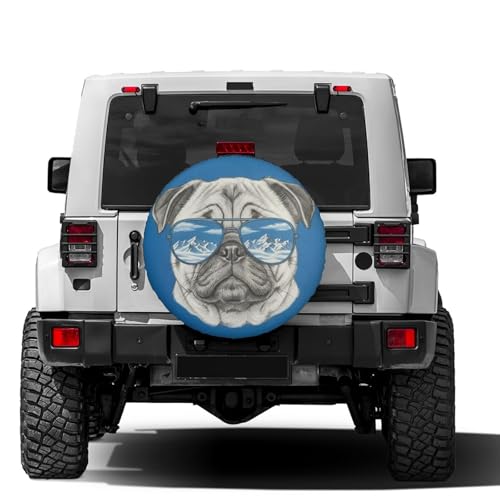 Image of Delerain Pug with Sunglasses Spare Tire Covers for RV Trailer SUV Truck and Many Vehicle, Wheel Covers Sun Protector Waterproof, (14 Inch for Diameter 23 inch-27 inch)