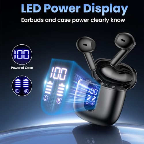 Image of Wireless Earbuds, Bluetooth Headphones with Deep Bass Stereo, 48H Playback Ear Buds with LED Power Display, Lightweight, IPX7, in-Ear Earphones with Mic for iPhone /Android /iPad, Black