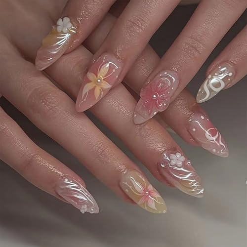 Flower Press on Nails - Almond Fake Nails - False Nails with Desi...