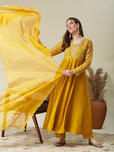 Image of MOKOSH Women's Silk Anarkali Kurta Pant with Dupatta | Anarkali Kurta Set | Embroidered | 3 Piece Outfit | Floral Ethnic Suit 4 Colour Options Available