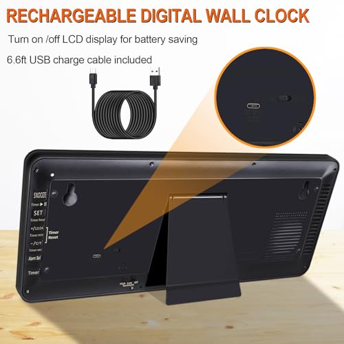 Image of 15 Inch Large Rechargeable Digital LCD Wall Clock with Backlight Glow in the Dark,Night Light Wall Clock with Week,Date & Temperature,DST,Alarm Display for Living Room, Bedroom, Gift for Elderly