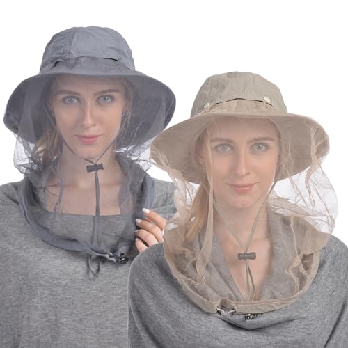 Image of USHAKE Head Net Hat, Safari Hat Sun Hat Bucket Hat with Hidden Net Mesh Set of 2 (Grey and Khaki)