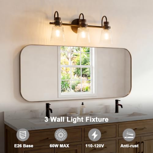 Image of 3-Light Bathroom Vanity Light, Farmhouse Bathroom Light Fixture with Clear Striped Glass Shade, 18.8 Inch Oil Rubbed Bronze Wall Sconce Lighting Over Mirror for Bedroom Hallway Cabinet