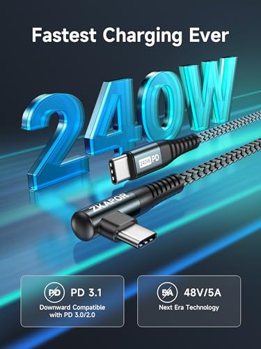 ZKAPOR Kabel USB C USB C krótki 30 cm, kabel USB typu C 240 W, szybkie ładowanie PD 3.1, typ C na typ C 90 stopni, 100 W, do telefonu 15/15 Pro Max, Galaxy S23/S22, Pad Pro, Air, P40/Mate 60, piksele
