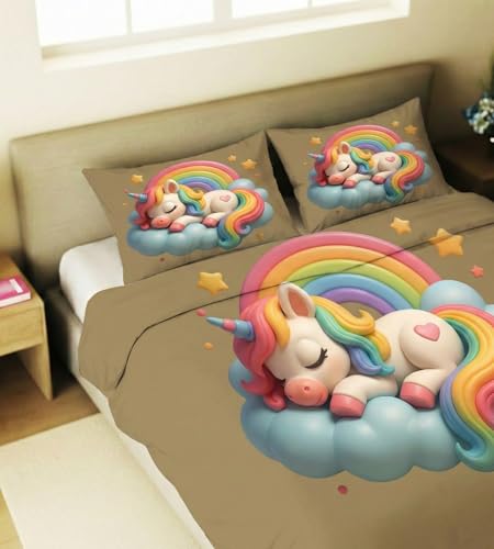Image of Home Sizzler Adorable 7D Kids Soft Microfiber Double Bedsheet with 2 Pillow Covers - Soft, Breathable, Cute Sleeping Rainbow Unicorn 3D Print
