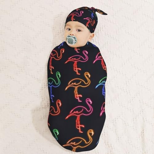 Image of Neon Flamingos Newborn Swaddle Blankets Hat Sets Soft Baby Receiving Blanket Swaddle Sack for Baby Shower Infant Boy Girl Gift