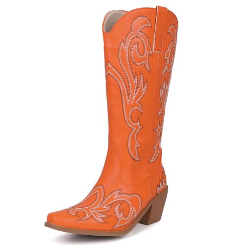 Women's Embroider Cowgirl Boots Snip Toe Slip On Bridal Floral Cowboy Boots Casual Knee High Western Boots