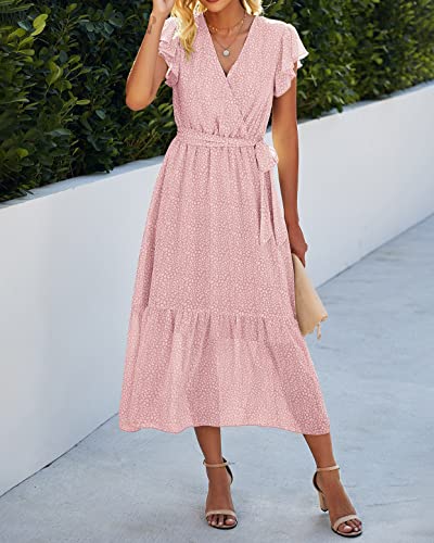 Image of BTFBM Women Summer Bohemian Floral Casual Wrap V Neck Ruffle Cap Sleeveless Belt A-Line Pleated Hem Midi Sun Dress White