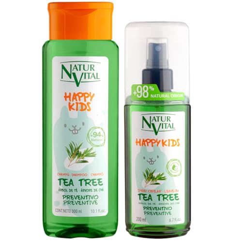 NaturVital Pack Happy Kids Tea Tree Infantil: Champú Preventivo 300ml + Spray desenredante Protector 200ml, con Árbol de Té de Cultivo Bio Certificado, Natural, sin Parabenos, Colorantes ni Siliconas
