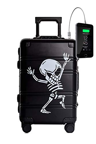 Valise Cabine en 100% Aluminium Dimensions Cabine Bagage Trolley 55x35x20 cm Serrure TSA Sac de Voyage Modèle Black Skull (Valise prête à Charger Les Portables) TOKYOTO Luggage (Valise ET Chargeur)