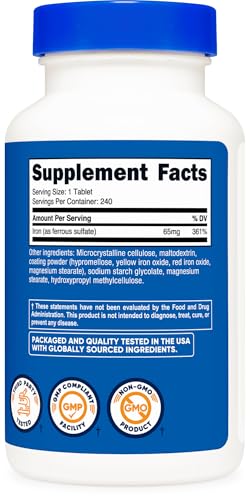 Nutricost Iron (As Ferrous Sulfate) 65mg, 240 Tablets, Gluten Free - Image 5