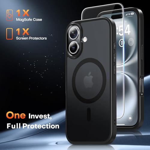 Image of TAURI for iPhone 16 Plus Case, Compatible with MagSafe, Matte Black | with Screen Protector, Not-Yellowing Military-Grade Protection, Shockproof Slim Magnetic Case for iPhone 16 Plus