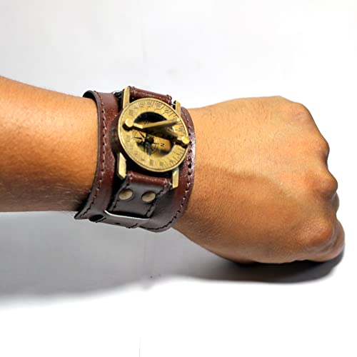 ANTIQLICIOUS 5,1 cm handgefertigte Messingzirkel Sonnenuhr Armbanduhr - antiker Stil Steampunk-Armband Messing Kompass Sonnenuhr mit Lederband Sonnenuhr Geschenk Cover