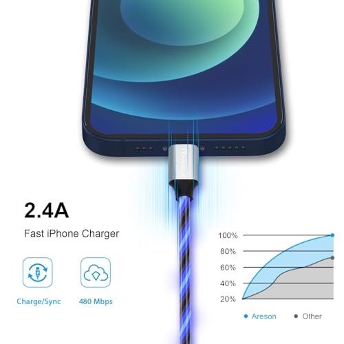 Image of Light up iPhone Charger Cord, LED Lightning Cables 1 Pack | Apple MFi Certified | USB Fast Charging Cord for Apple iPhone 13 12 11 Pro Max XR XS X /8Plus /7Plus /6Plus /5s /5c /iPad More (Blue, 3ft)