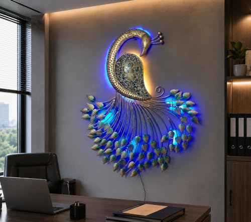 Image of Metal Handcrafted Peacock Wall Decor with LED Light, Home Decor, Wall Decor, Diwali Gift, Corporate Gift, Home Temple,Size : 32 * 26.5 * 3 inch