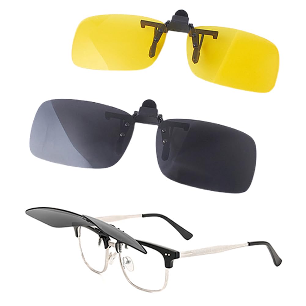 Clip On Sunglasses Unisex-Adult Clip-On Flip Up Metal Clip Rimless Oval Polarized Sunglasses, Anti Glare Glasses For Driving Fishing Riding (Black+Yellow) (Large)-image-31