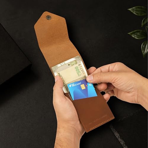 Image of The Wallet Store Flip 2.0 Genuine Leather Vertical Slim Wallet for Men | Easy Quick Card Access | Compact Front Cash Pocket & Button Lock | Minimalist Travel & Daily Carry Wallet (TAN)