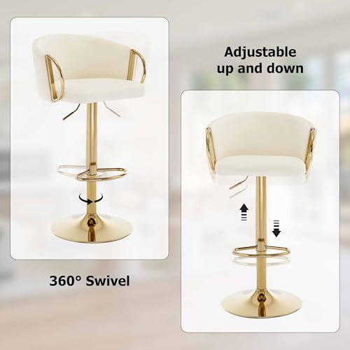 Butacos de Bar en Terciopelo, Set de 4, Ajustables con Giro de 360°, Altura Regulable, con Espaldar y Reposabrazos, Dorados, para Isla de Cocina y Bar en Casa, Color Crema Dorado miniatura 3