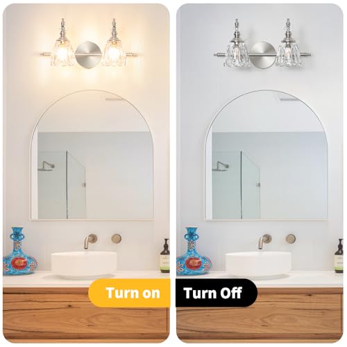 Image of Vintage Vanity Light Fixtures for Bathroom, 2 Light Brushed Nickel Vanity Lighting Over Mirror, Bathroom Light Fixtures with Flower Clear Glass, Farmhouse Sconces Wall Lighting for Hallway