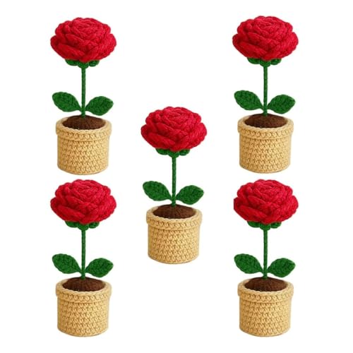 Image of VCR Handmade Crochet Red Rose Pot - Pack of 5 - Hand Woven Knitted Artificial Red Rose Pot Hand Knitted Flower for Office Desk, Table, Car, Bedroom, Wedding & Special Occasions