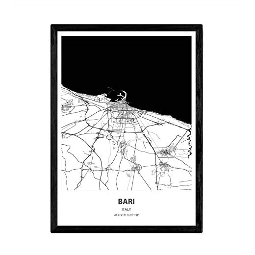 Nacnic Poster con Mapa de Bari - Italia. Láminas de Ciudades de Italia con Mares y ríos en Color Negro. Tamaño A3