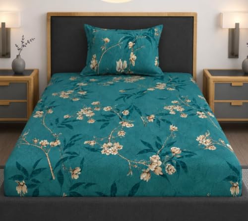 Image of Premium Heavy Cotton Elastic Fitted Bedsheets with 1 King Size Pillow Covers | Single Bed with All Around Elastic 350 TC | 36 x 78 x 6 Inch Single Size Fitted | - Green Flower