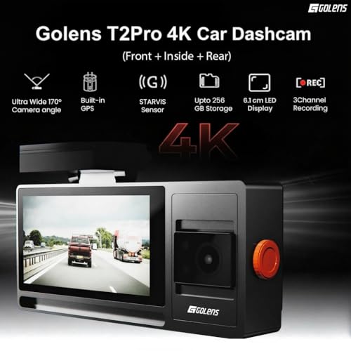 Image of Golens T2Pro 3 Channel 4K Dash Cam for Car with WiFi & GPS | 8MP Front + 1080P Inside & Rear | Sony STARVIS Night Vision | 170 Wide Angle | Parking Monitor, G-Sensor, Loop Recording | Supports 256GB
