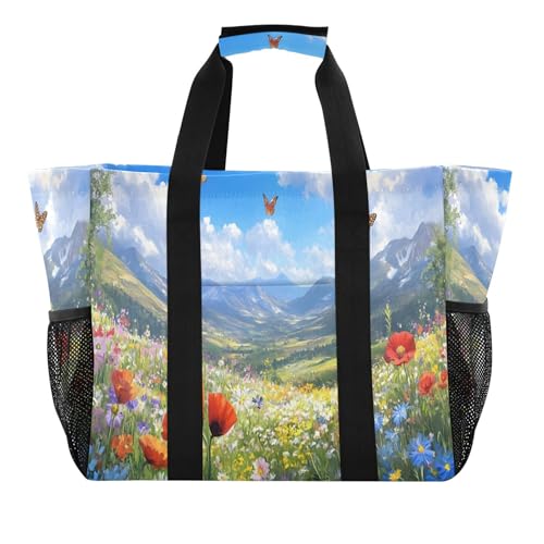 Grand sac de plage en toile imperméable motif prairie à fleurs pour femme