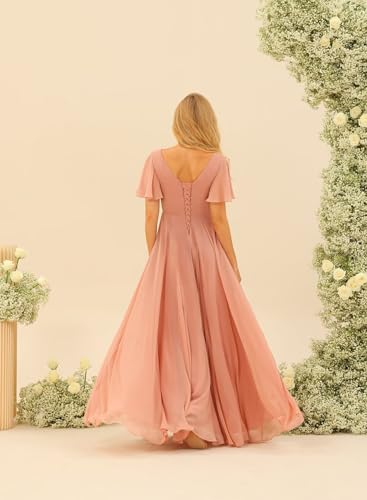 Miao Duo Flutter Sleeves Split Bridesmaid Dresses with Slit Long V Neck Empire Waist Formal Dress for Women Wedding YZTS1132