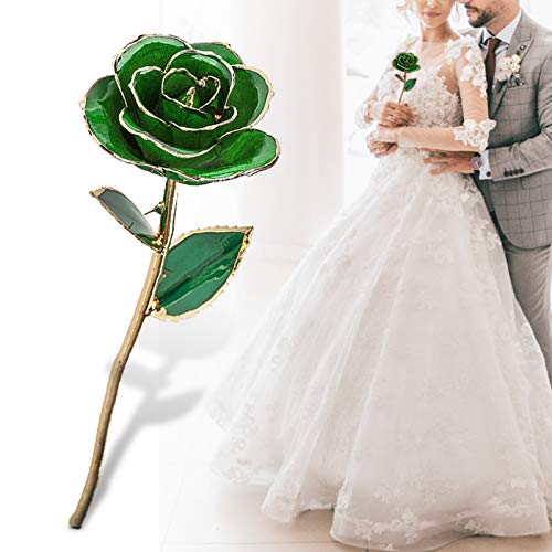 24K Gold Rose Forever Green Rose Artificial Flower Rose Petals Long Stem Craft Decorations Gift Ornament with Leaf and Base - Image 3