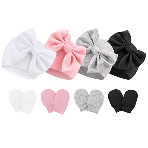 Image of BQUBO Newborn Baby Hats Mittens Set Hospital Hat Beanie Infant Bow Hats Baby Gloves No Scratch Mittens for 0-6 Months