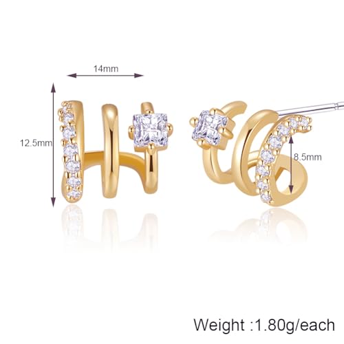 14K Gold Plated Triple Hoops Illustion Stud Earrings | Double Huggie Hoop Earrings for One Hole Illusion Stud Earrings |Zirconia Gold Hoop Earrings for Women2